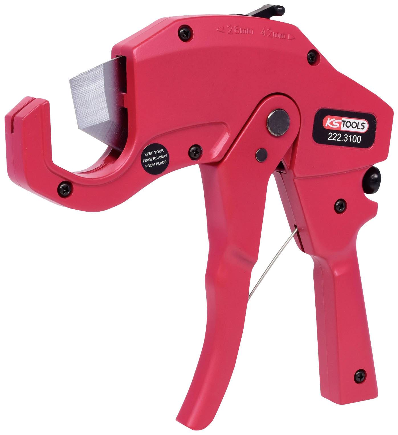 Rotes Rohrschneiderwerkzeug mit Griffen und Klinge, geeignet zum Schneiden von Rohren. Markierung 'KS Tools 222.3100' auf der Seite.