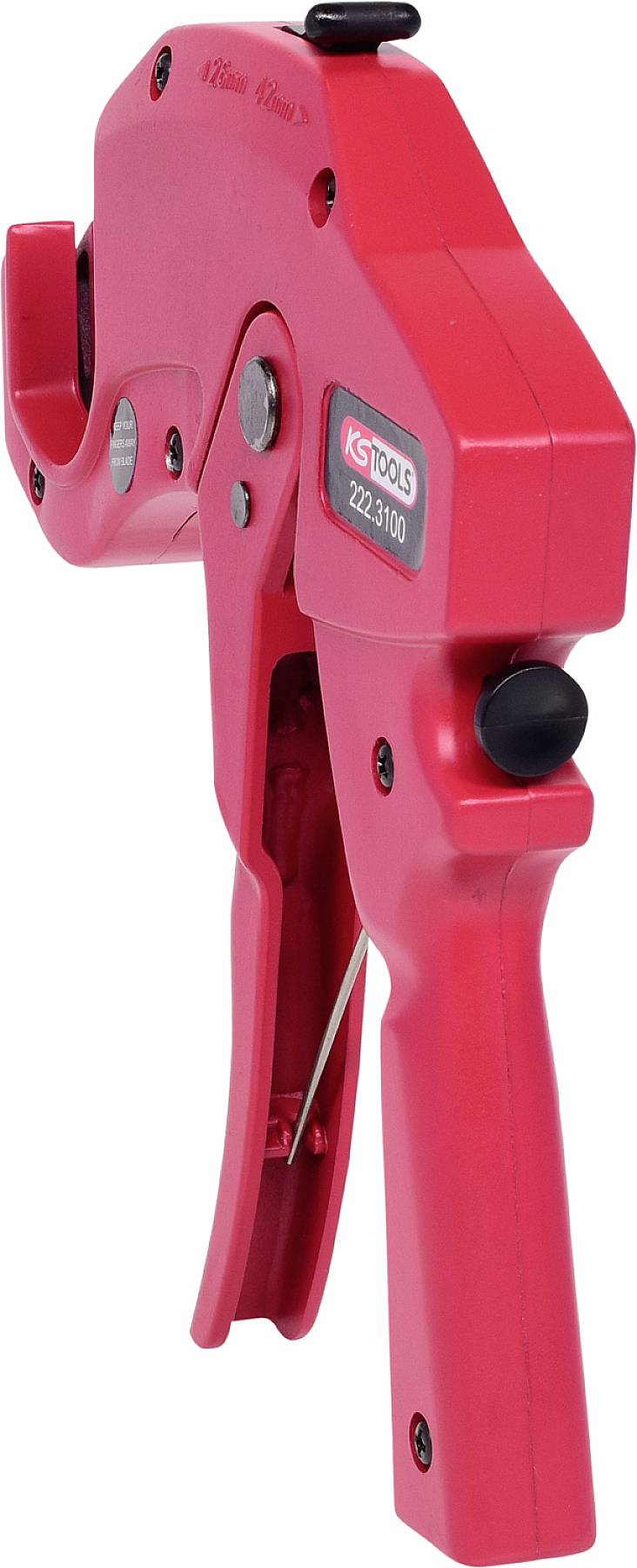 Rotes Werkzeug mit Griff und Hebelmechanismus, geeignet zum Schneiden von Rohren oder Kabeln. Es ist robust gestaltet mit einem Markenlogo.