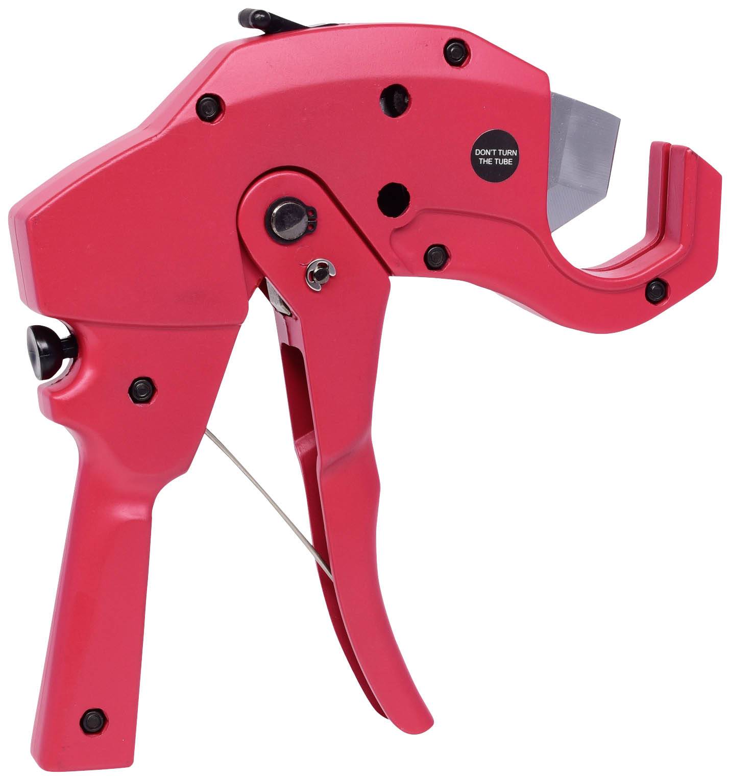 Roter Isolierungshalter mit Griff und Hebel zum sicheren Festhalten von Kabeln, oben Hinweis 'DON'T TURN THE THUMB'.