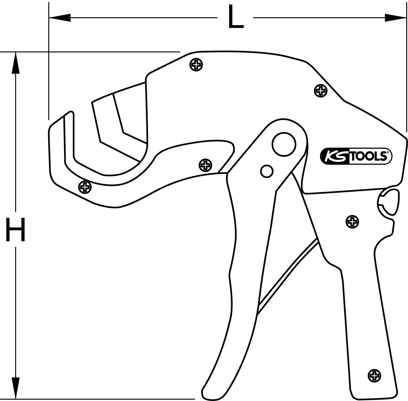 Schneidzange mit mechanischem Griff, markiert mit 'KS Tools'. Maße H und L bedeuten Höhe und Länge, dargestellt durch Pfeile.