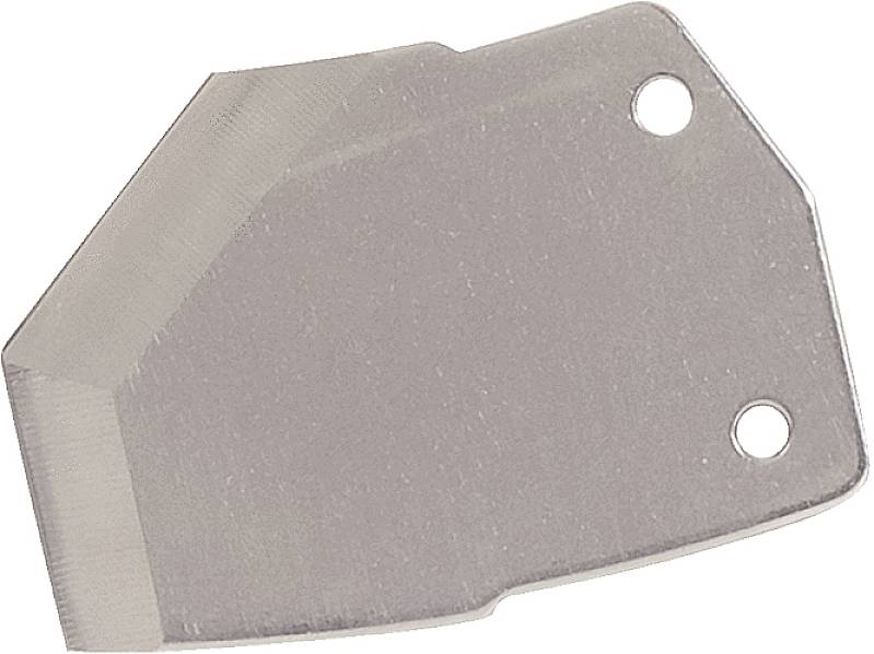 Ein silbernes Ersatzmesser aus Metall mit zwei Löchern zur Befestigung. Es hat eine scharfe Kante und eine breite, flache Form.