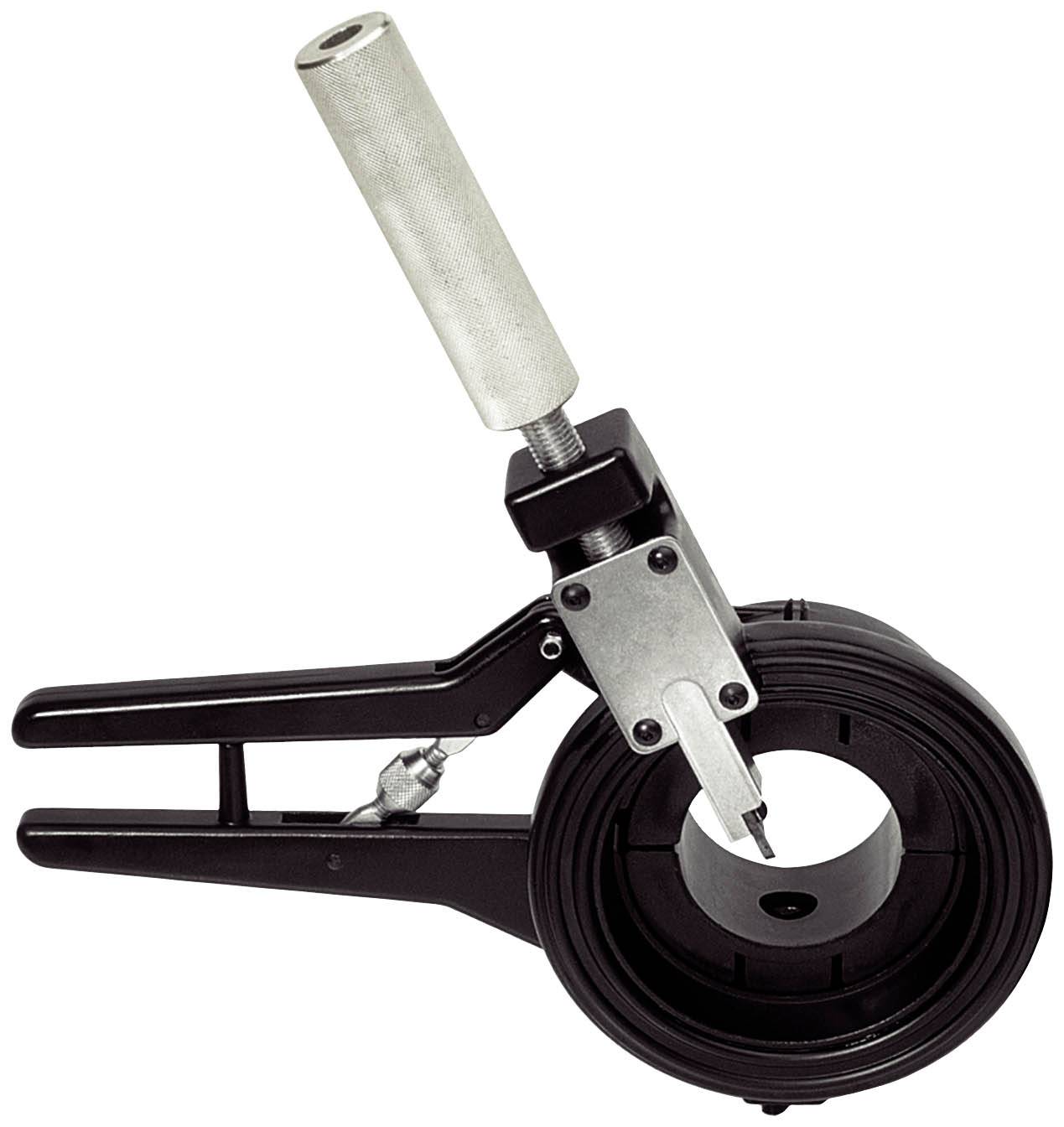 Werkzeug zur Bearbeitung von Polyethylen-Rohren, bestehend aus einer Klemme mit einem Drehgriff und einem Schneidaufsatz.