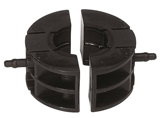 Zwei halbrunde schwarze Plastik-Clips mit Zapfen, entworfen zur Verbindung, möglicherweise als Halterung oder Befestigungselement.