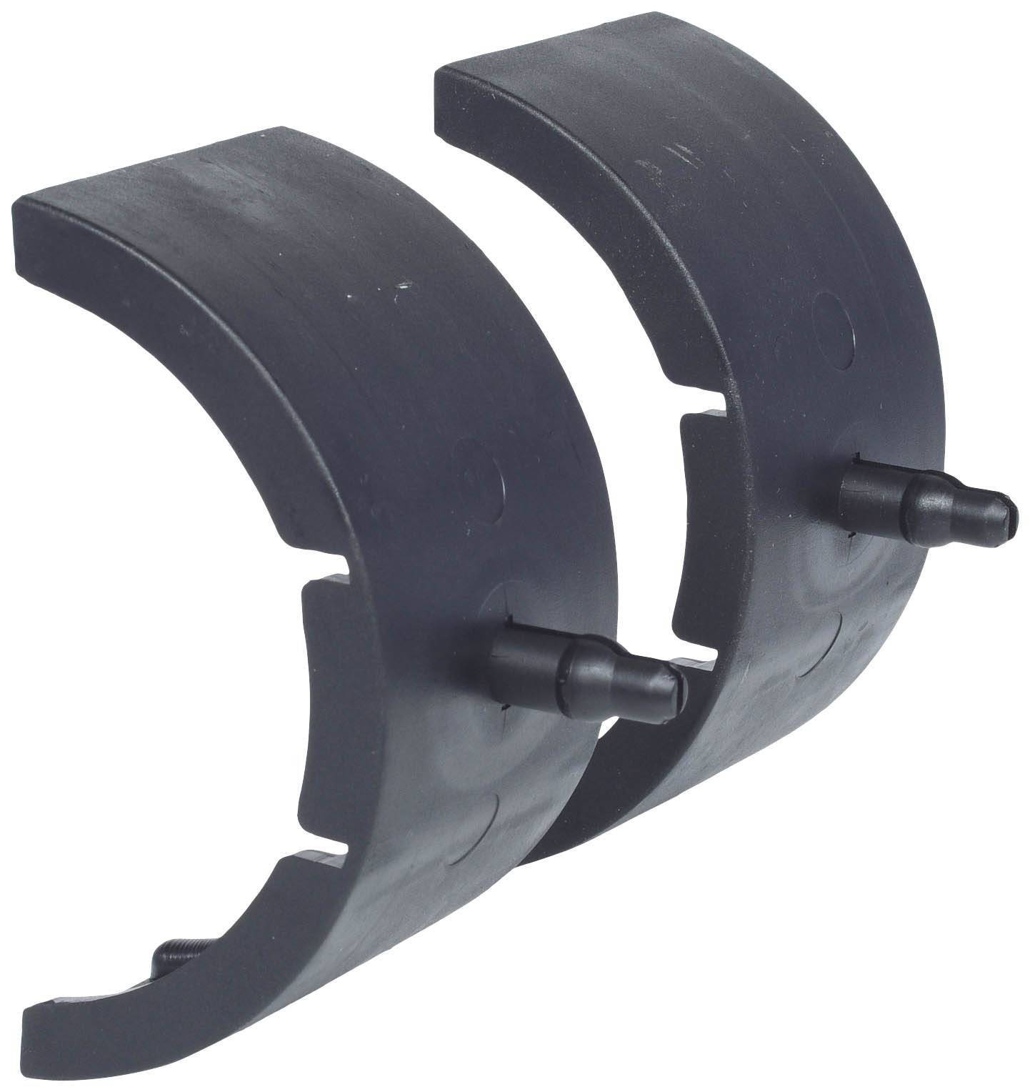 Zwei dunkle, halbmondförmige Metallteile mit kleinen hervorstehenden Stiften, die zur Befestigung oder Verbindung von Bauteilen verwendet werden.