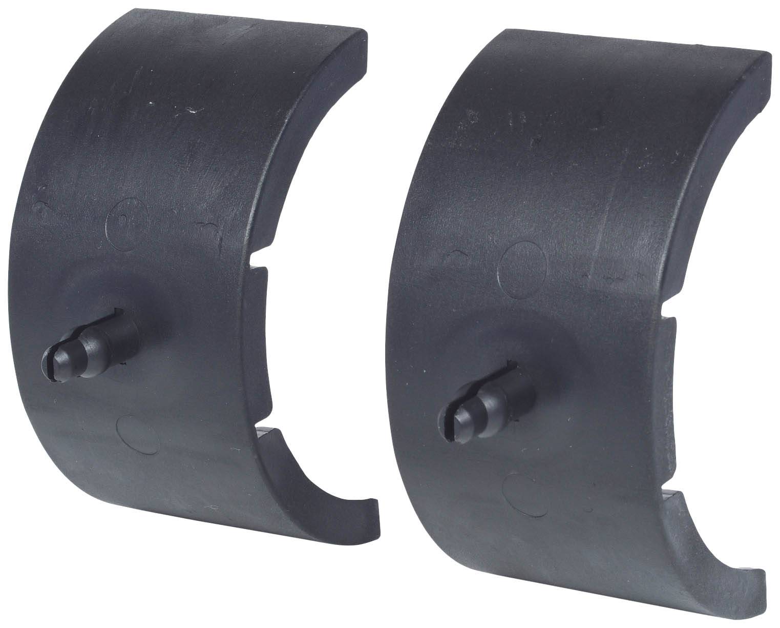 Zwei schwarze, halbkreisförmige Kunststoffteile mit einem kleinen Zapfen in der Mitte. Möglicherweise Ersatzteile oder Befestigungen.