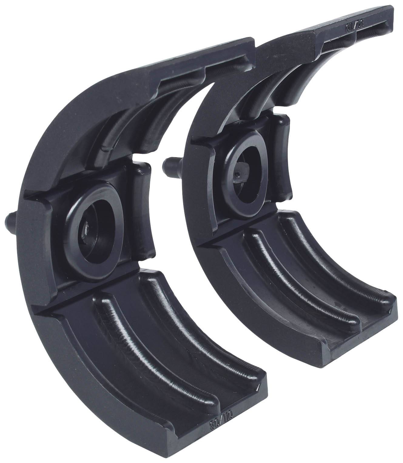 Zwei schwarze Kunststoff-Halterungen, abgerundet, nebeneinander stehend. Sie könnten zur Befestigung oder Unterstützung konzipiert sein.