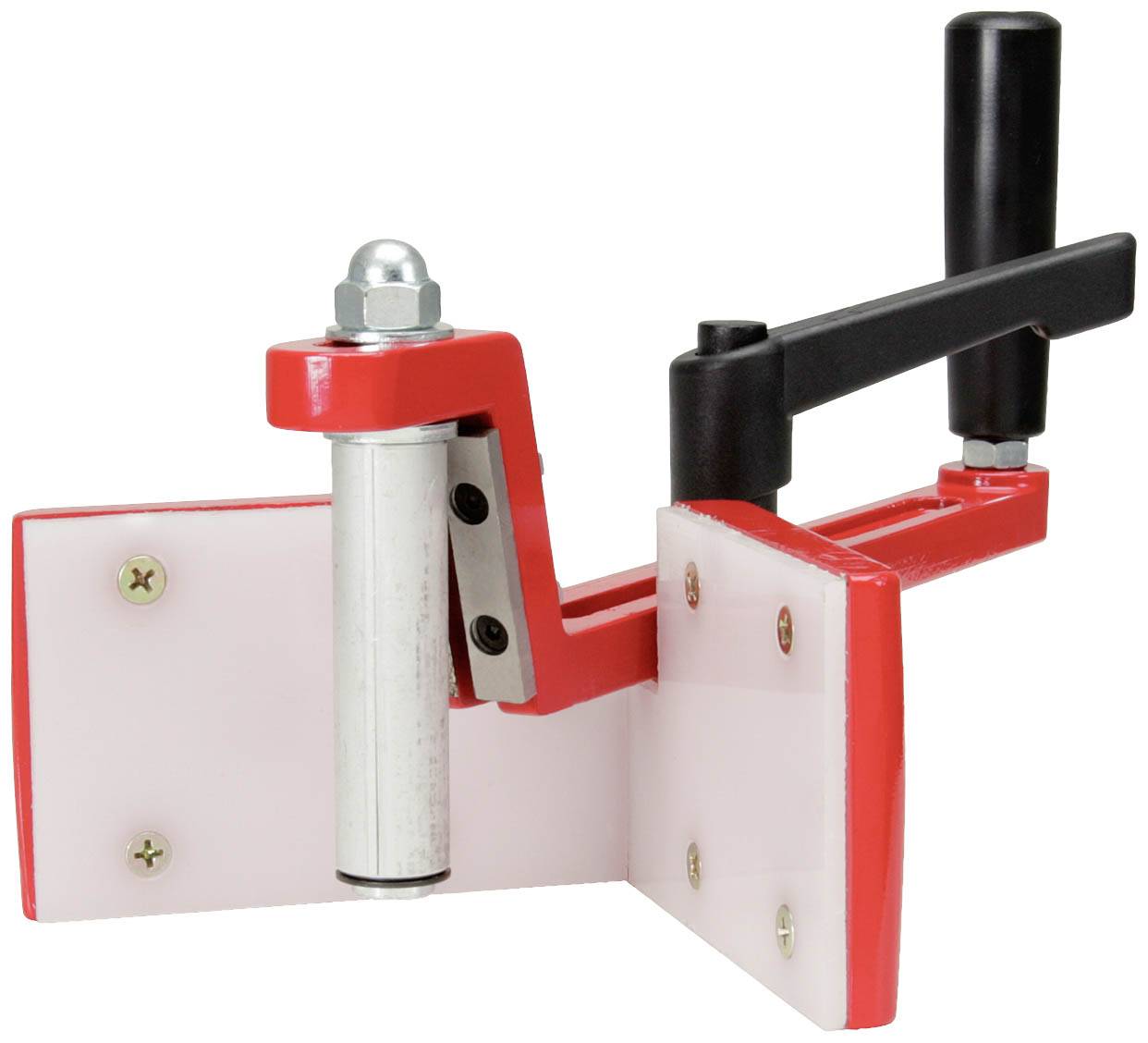 Manuelle Walzenbiegemaschine mit rotem Rahmen und schwarzem Griff, zur Formgebung von Metallblechen.