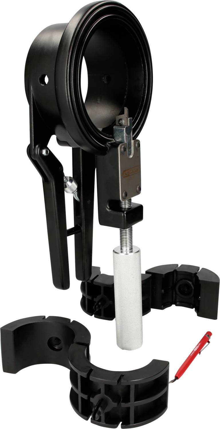 Ein schwarzer, verstellbarer Rohrhalter mit Schraubmechanismus und rotem Sicherungsstift, zur Stabilisierung von Rohren.
