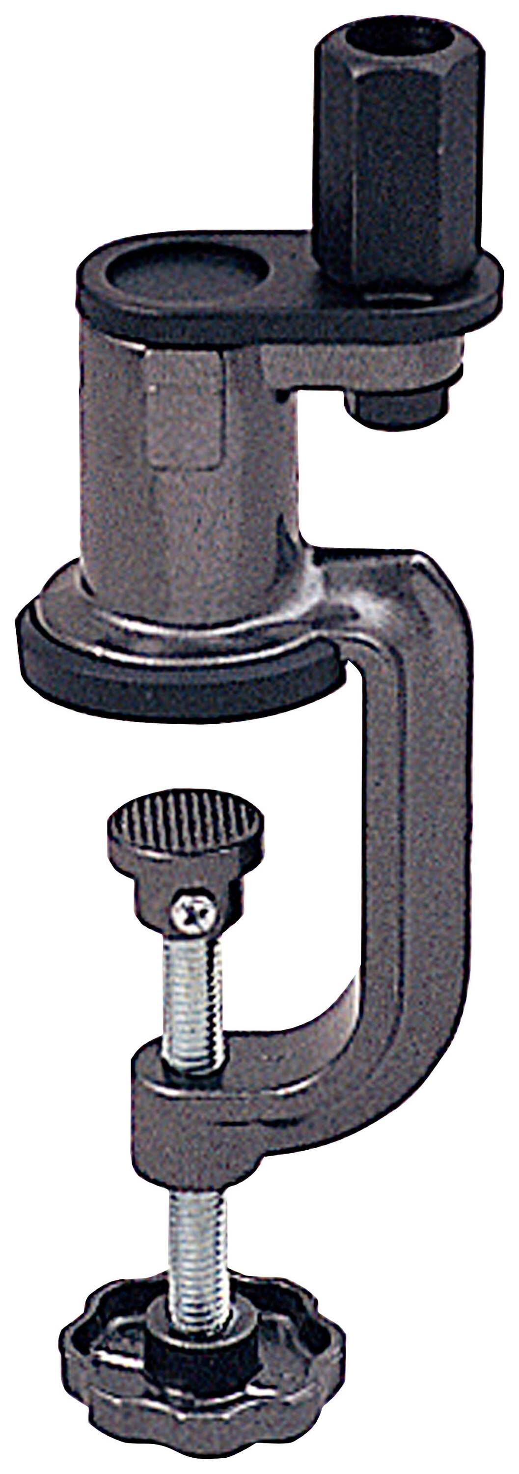 Metallische Schraubzwinge mit verstellbarem Gewinde und schwarzem Griff, dient zur sicheren Befestigung und Halterung von Gegenständen.