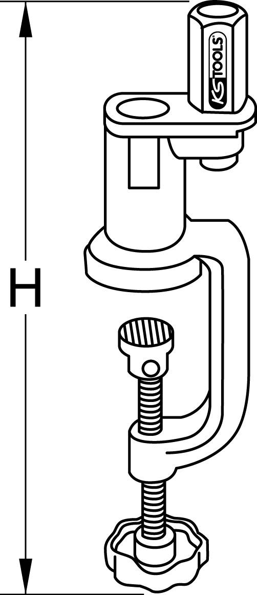 Werkzeugillustration: Schraubzwinge mit verstellbarem Greifarm und Schraubmechanismus. Markierungsschriftzug 'KS Tools'.