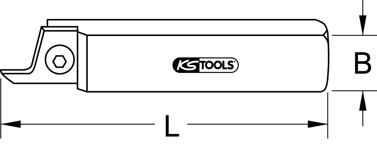 Technische Zeichnung eines Werkzeuggriffs mit dem Logo 'KS TOOLS'. Zeigt Abmessungen B und L mit Pfeilen. Hauptmerkmal: Schneidkopf.