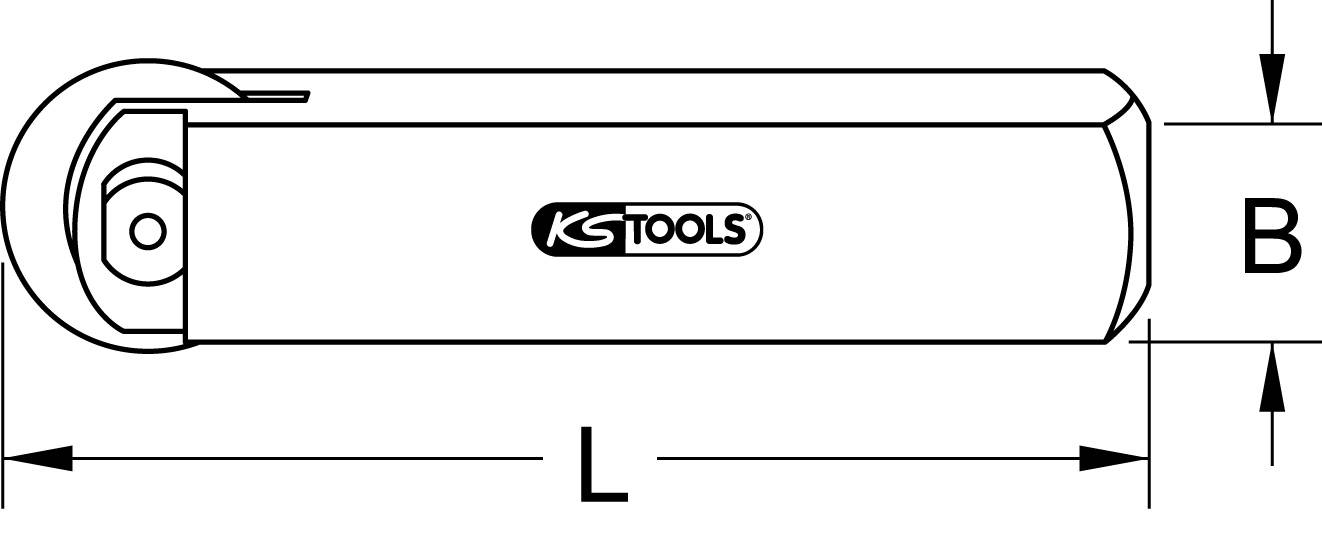 Technische Zeichnung eines Werkzeugs mit den Abmessungen L für Länge und B für Breite, mit dem Logo von KS Tools.