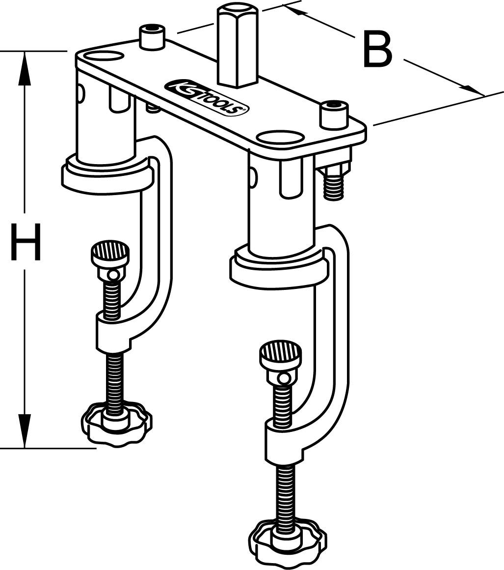 Eine Montagehalterung mit zwei Schraubklemmen zur Befestigung. Beschriftet mit 'KS TOOLS'. Höhe (H) und Breite (B) markiert.