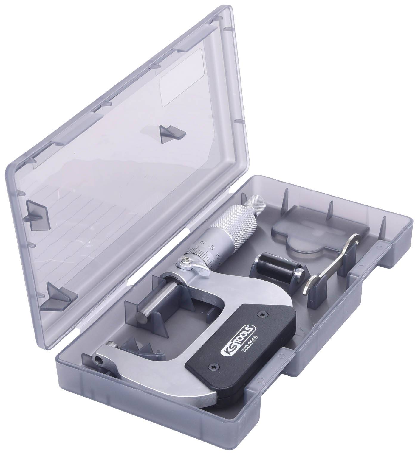 Grau-transparente Kunststoffbox mit mikrometrischer Schraube und Zubehör, geeignet zum präzisen Messen kleiner Objekte.