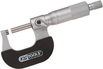 Ein Mikrometer zur präzisen Messung kleiner Abstände mit einem skalierten Drehknopf, silberfarben, von der Marke 'KS Tools'.