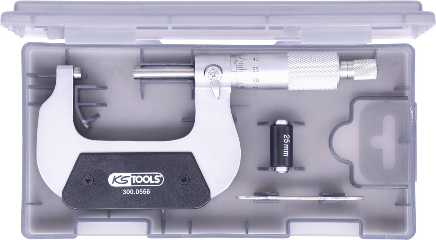 Ein Schraubmikrometer in einem Hartplastikkoffer, zusammen mit einem Ersatzteil und einer 25-mm-Kalibrierung, liegt in einer formgerechten Aussparung.