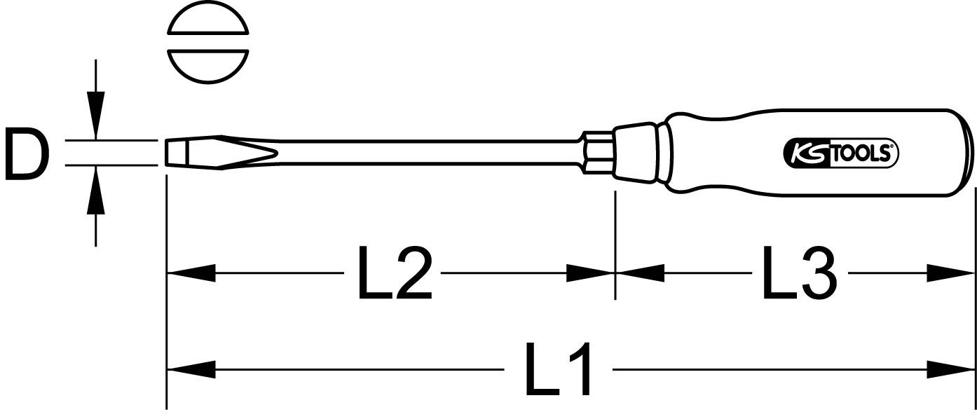 Abbildung eines Schlitzschraubendrehers mit Maßen: Gesamtlänge L1, Klingenlänge L2, Grifflänge L3 und Klingendurchmesser D angezeigt.