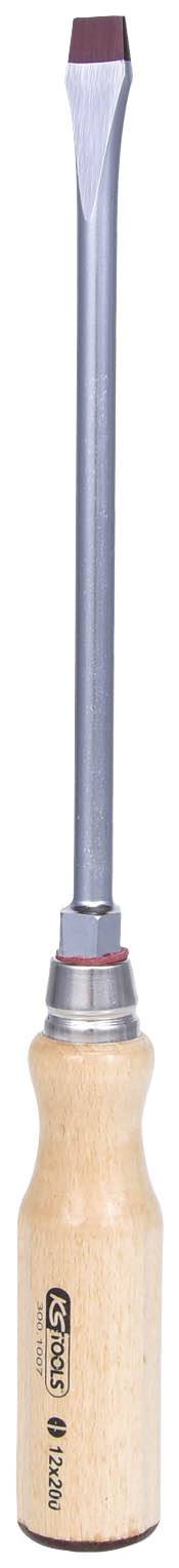 Ein Flachschraubendreher mit Holzgriff und silberner Klinge, geeignet für Arbeiten mit Schrauben mit Schlitzkopf.