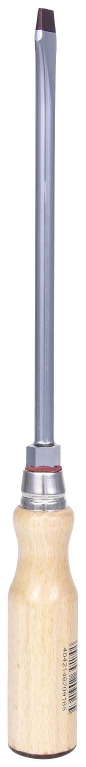 Handschraubenzieher mit langem, silbernem Schaft und einem hölzernen Griff. Geeignet für präzise Schraubarbeiten.