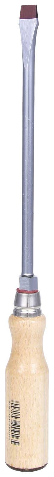 Flacher Schraubenzieher mit langem Metallstab und Holzgriff. Geeignet für handwerkliche Arbeiten.