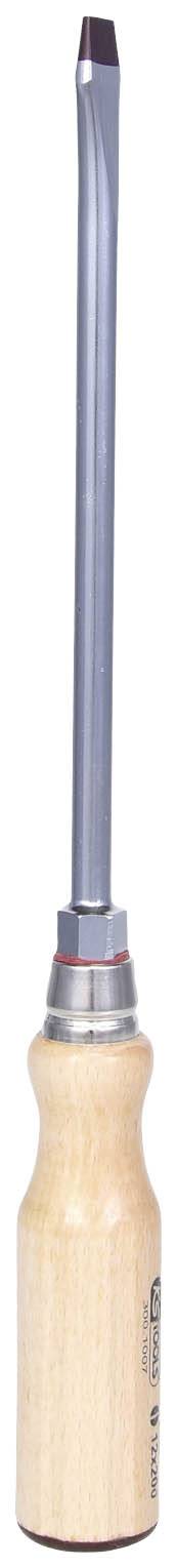 Ein Kreuzschlitzschraubendreher mit einem Holzgriff und einer langen Metallklinge, geeignet für präzises Schrauben.