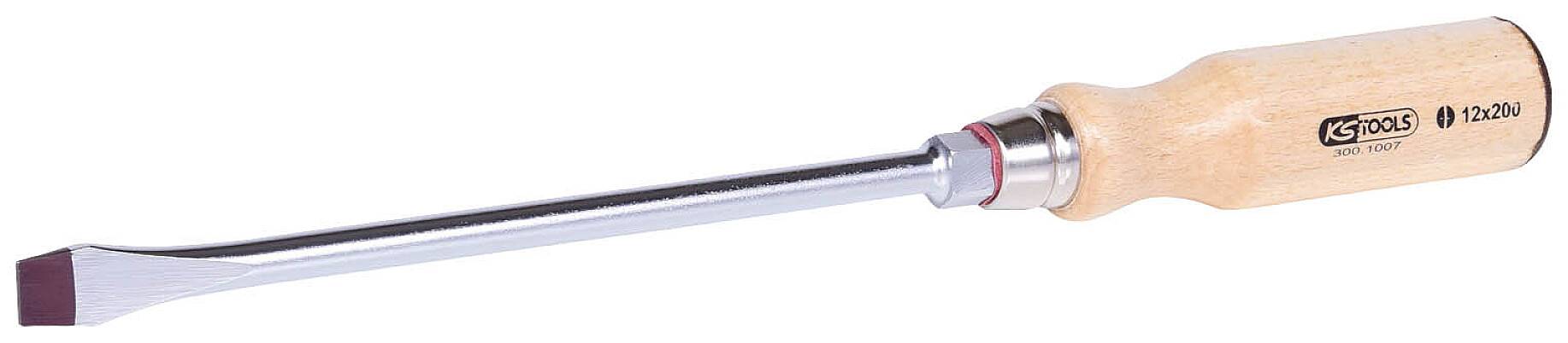 Beitel mit Holzgriff und flachem Metallblatt, geeignet für Holzarbeiten.