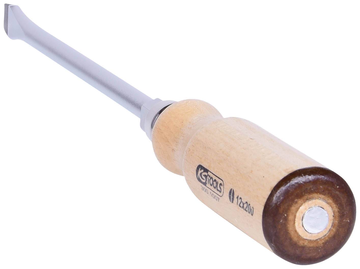 Stemmeisen mit Holzgriff, seitlich abgebildet. Markenschriftzug 'Kirschen' und Maße '12x200' auf dem Griff. Holz und Metall sind sichtbar.