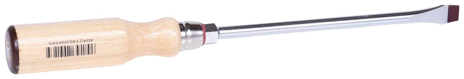 Ein Schraubendreher mit Holzgriff und flacher Metallklinge liegt horizontal. Ein Barcode ist auf den Griff gedruckt.