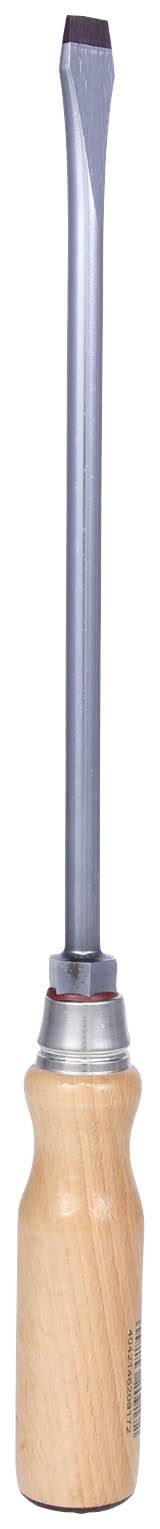 Ein langer Schraubenzieher mit einem Holzgriff und einer flachen Klinge, geeignet zum Lösen von Schlitzschrauben.