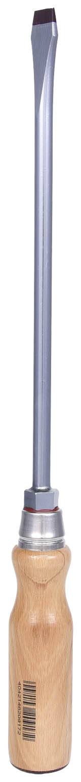 Schlitzschraubendreher mit langem Metallstift und Holzgriff, seitlich gezeigt.