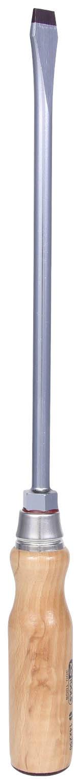 Flachkopfschraubendreher mit langem, schlankem Stiel und Holzgriff.