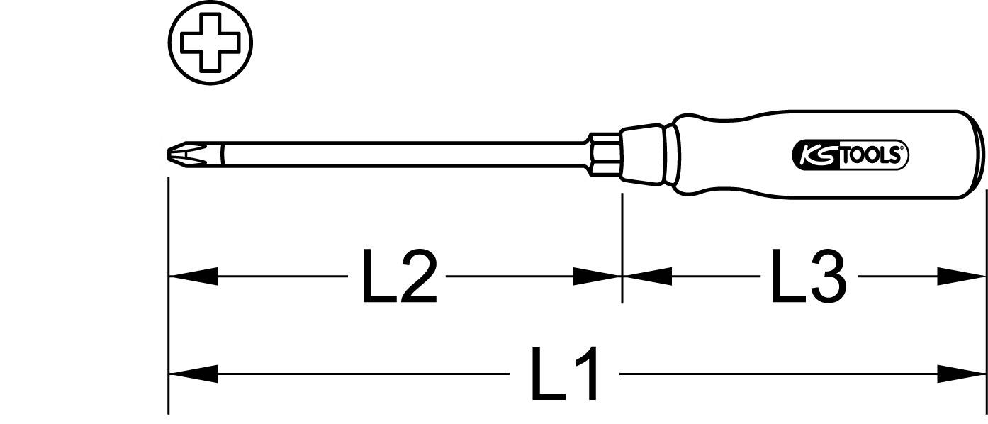 Illustration eines Kreuzschlitzschraubendrehers mit Markierung für Gesamtlänge (L1) und Abschnitte (L2, L3).