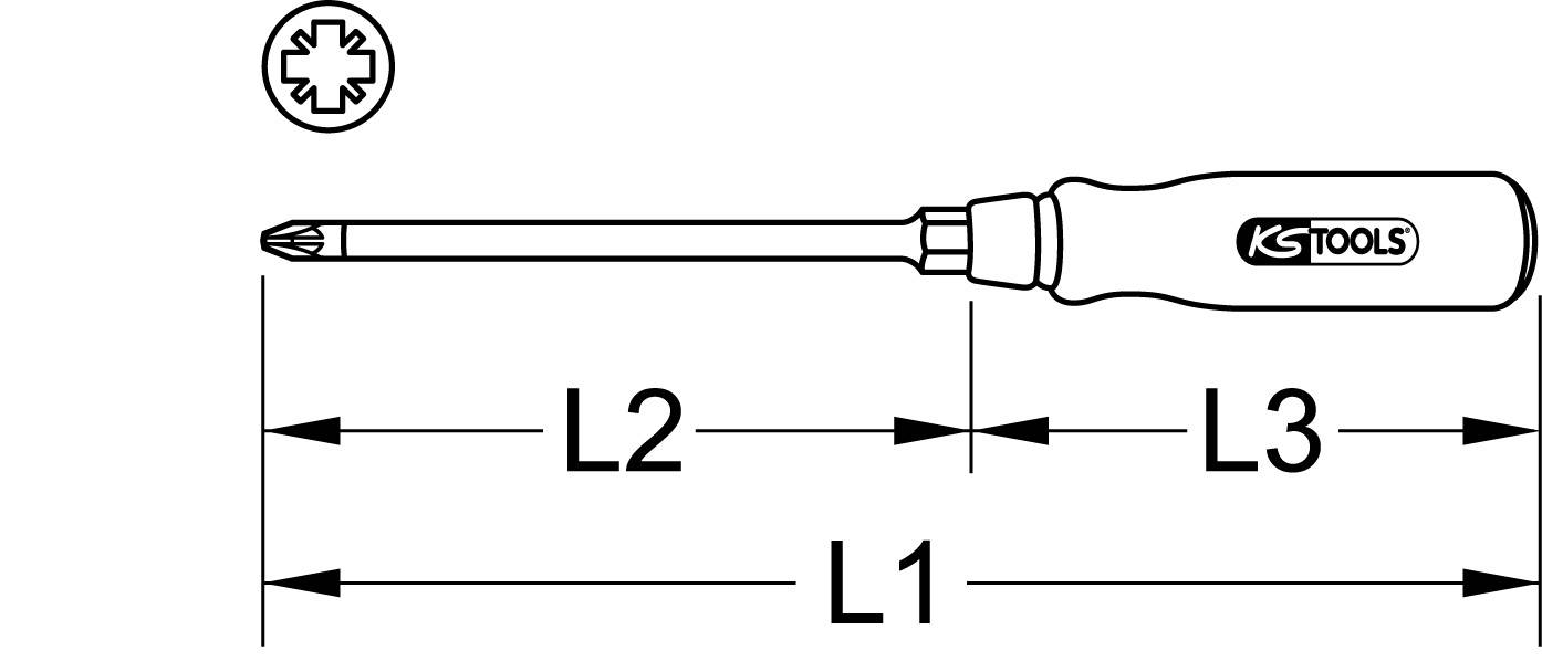 Abbildung eines Schraubendrehers mit Klingenlängen L1, L2 und L3 markiert; Phillips-Kopf und KS Tools Logo auf dem Griff.