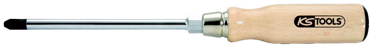 Ein Schraubenzieher mit Holzgriff und Metallspitze, auf dem Griff das Logo 'KS Tools'.
