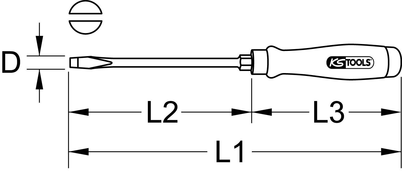 Abbildung eines Schlitzschraubenziehers mit Maßen D, L1, L2 und L3, dargestellt in Millimetern. KS Tools-Logo auf dem Griff.