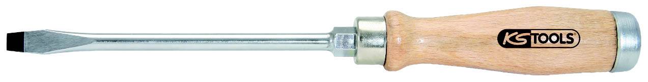 Schraubendreher mit Holzgriff und flacher Spitze, geeignet zum Drehen von Schrauben. Metallbereich spiegelt, Marke 'KS Tools' auf dem Griff.