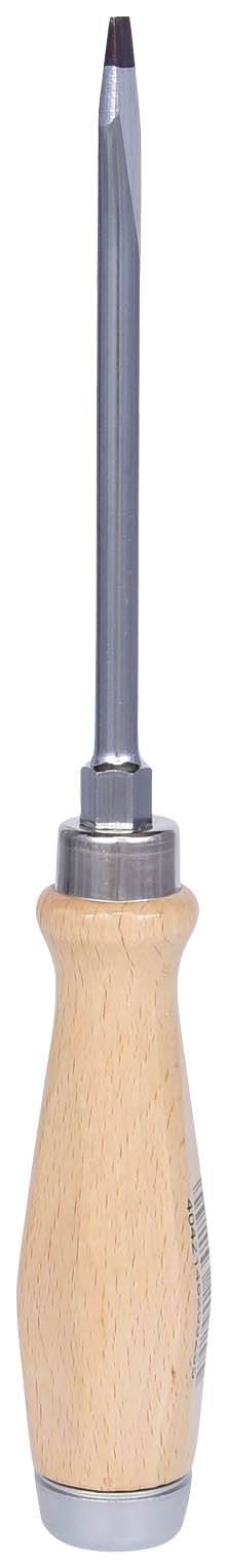 Schraubendreher mit Holzgriff und Metallspitze, vertikal ausgerichtet.