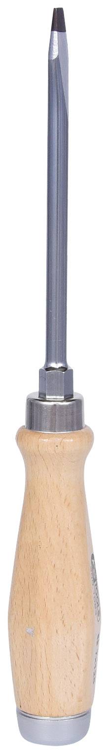 Ein Schraubendreher mit Holzgriff und metallischer Spitze, frontal abgebildet.