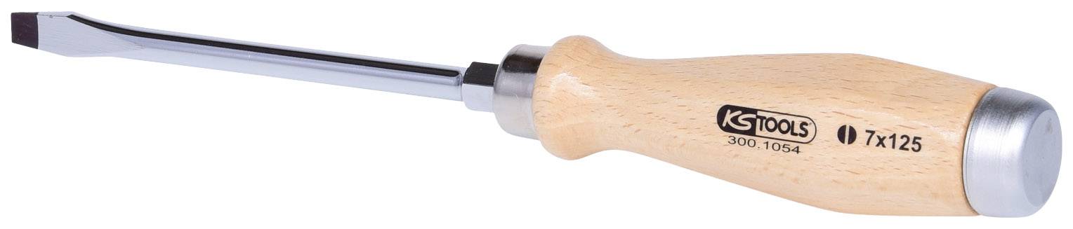 Großer Flachkopfschraubenzieher mit Holzgriff und Metallklinge, Markenlogo und Modellnummer aufgedruckt.