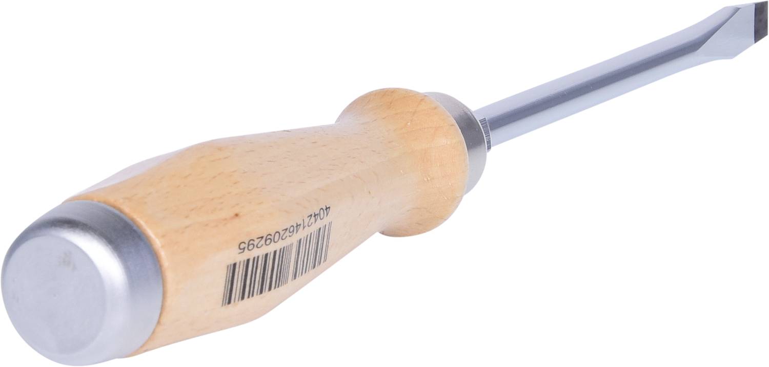 Schraubenzieher mit Holzgriff und flacher Klinge, seitlich aufgenommen. Ein Barcode ist auf dem Griff sichtbar.