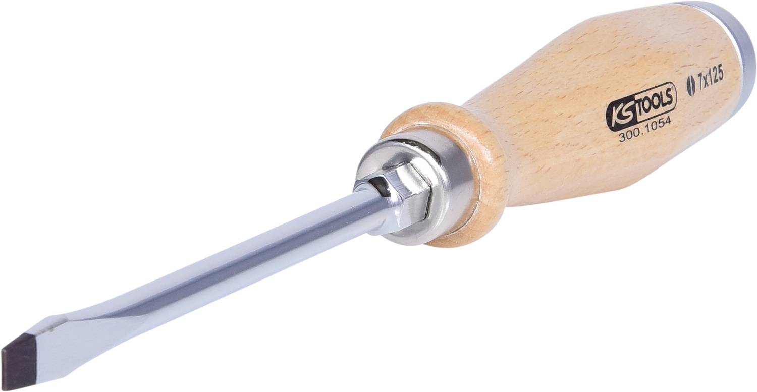 Schraubendreher mit flachem Metallkopf und Holzgriff von KS Tools, Modellnummer 1x125, für handwerkliche Tätigkeiten.