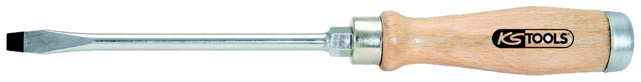 Schraubendreher mit Holzgriff und flacher Metallspitze. Auf dem Griff befindet sich ein Logo mit der Aufschrift 'KS Tools'.