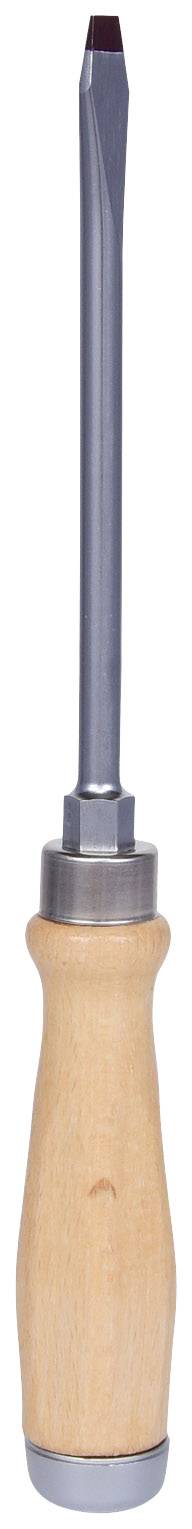 Ein Schraubenzieher mit Holzgriff und Metallspitze, geeignet für Schlitzschrauben.