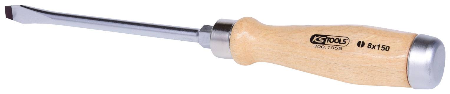 Ein flacher Schraubendreher mit Holzgriff und Metallklinge, geeignet für Arbeiten mit flachen Schrauben. Markenname und Größe sind sichtbar.