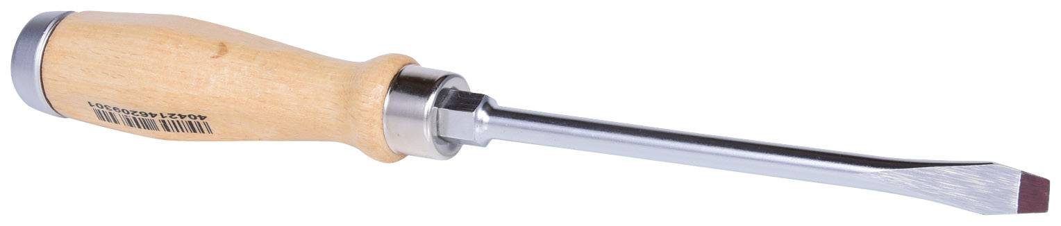 Holzgriff-Schraubendreher mit metallischer, flacher Klinge.
