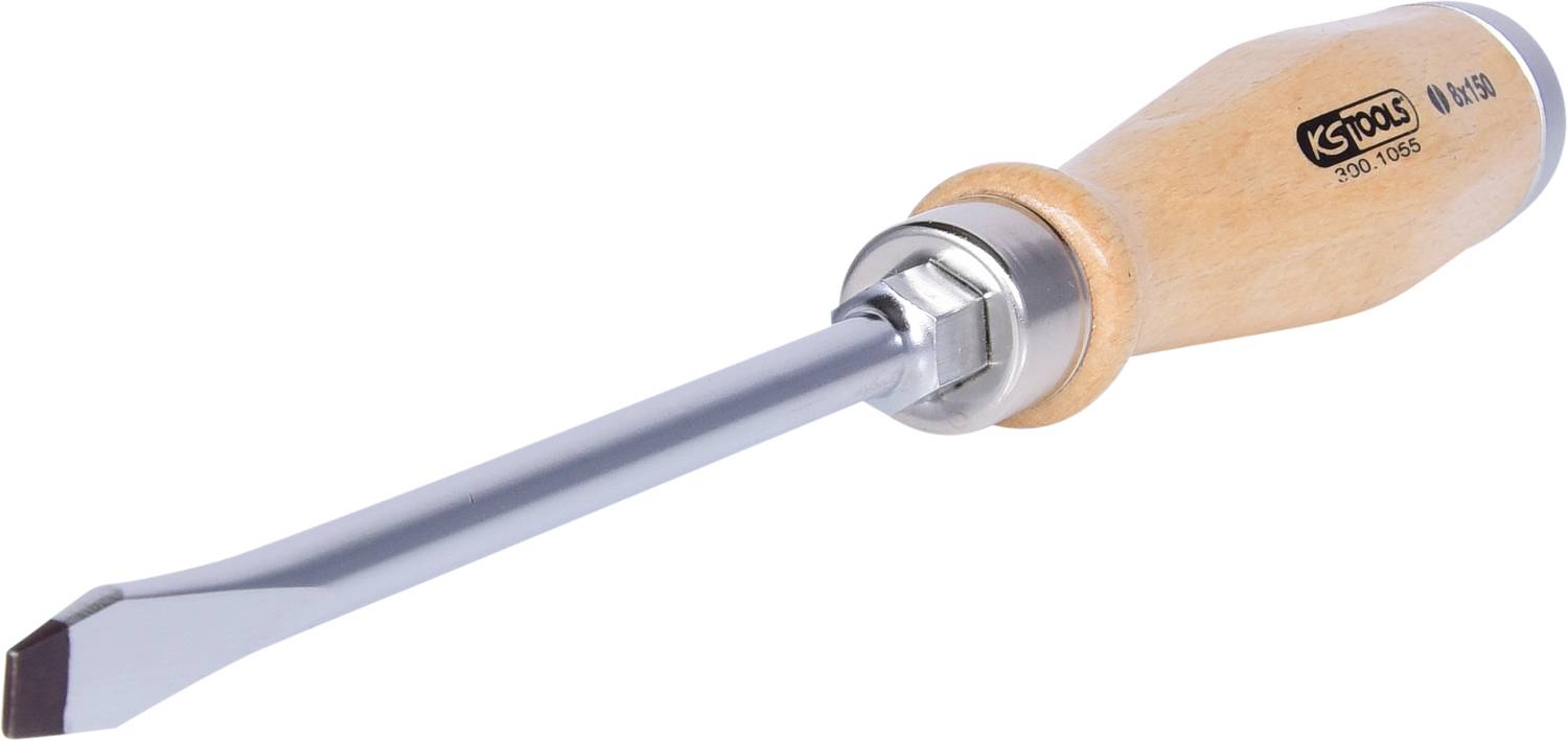 Flacher Schraubendreher mit Holzgriff und Metallklinge, geeignet für Arbeiten mit Schlitzschrauben.