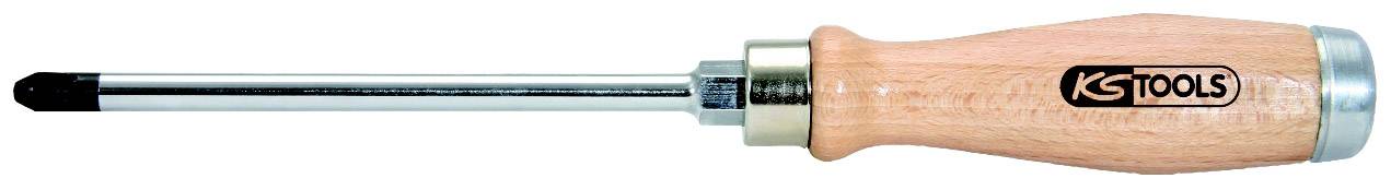 Schraubendreher mit Holzgriff, langer Metallklinge und schwarzer Spitze, liegt horizontal.