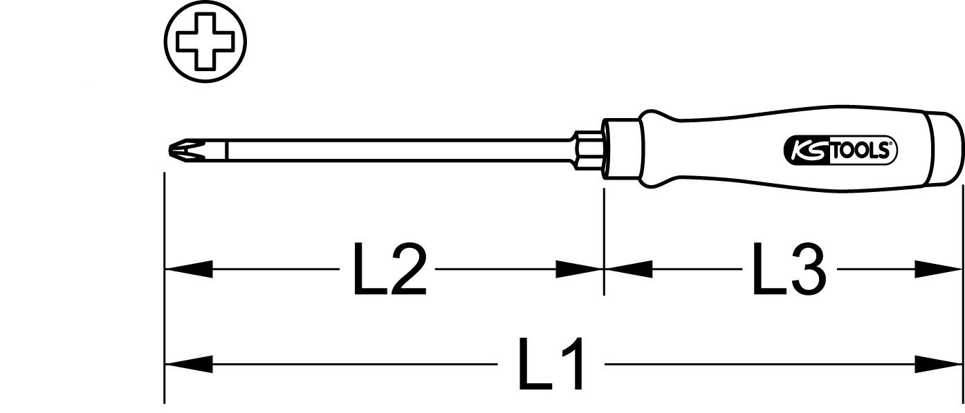 Kreuzschlitzschraubendreher mit KSTools-Logo, Längenbezeichnungen L1, L2, L3.