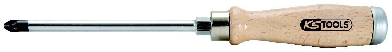 Schraubendreher mit Holzgriff und Metallklinge, auf der ein Logo 'KS Tools' steht.