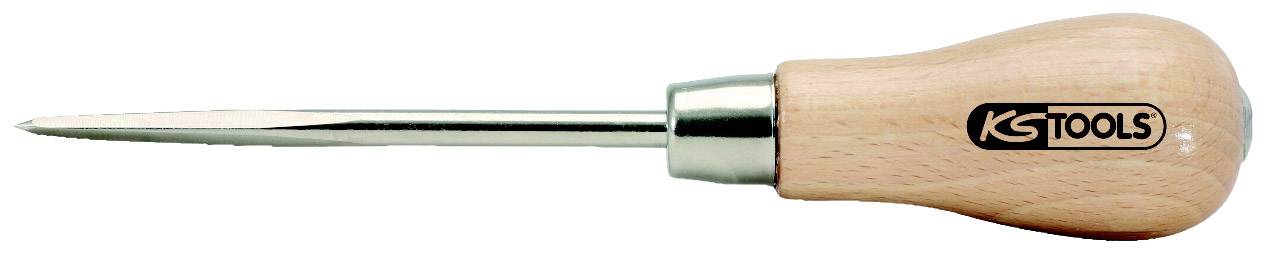 Ahle mit Holzgriff und Stahlspitze, mit Markenlogo auf dem Griff sichtbar. Hauptsächlich zum Durchstechen von Materialien verwendet.